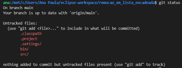 Exemplo de saída do comando git status com arquivos modificados em vermelho