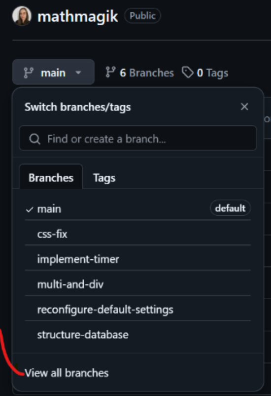 Interface do GitHub mostrando onde clicar para ver todos os branches