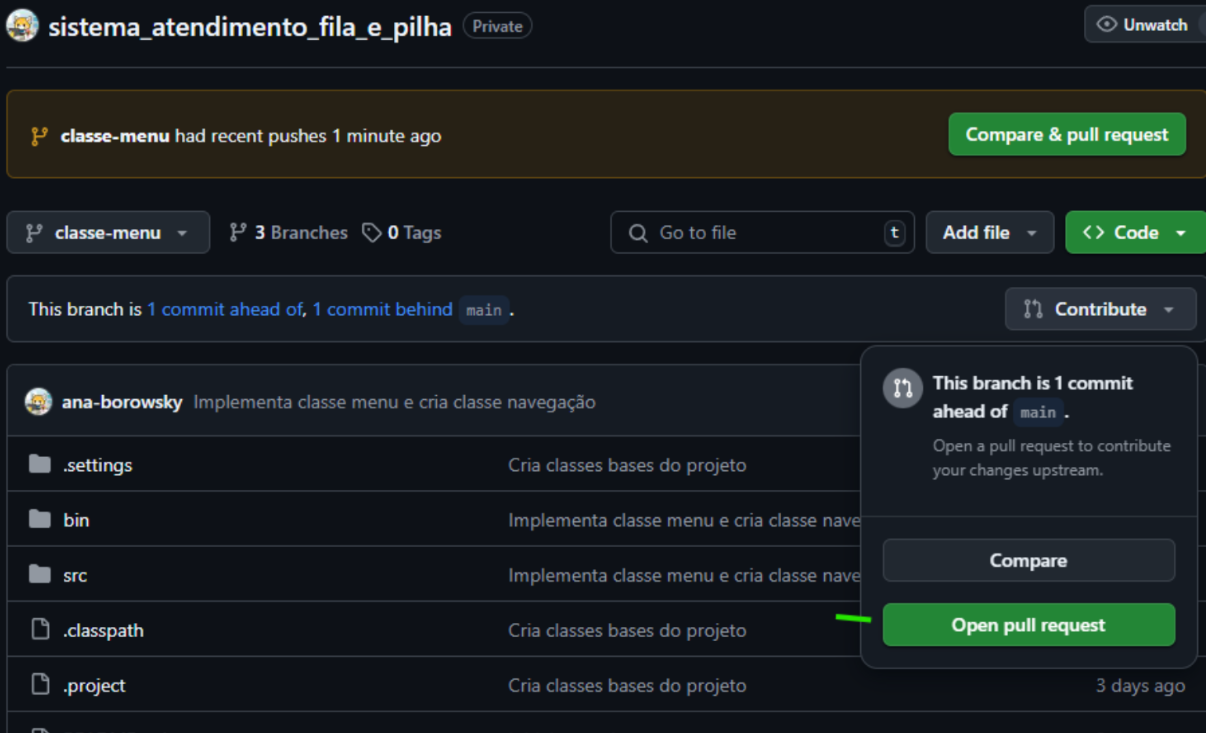 Botão de Pull Request na página do branch
